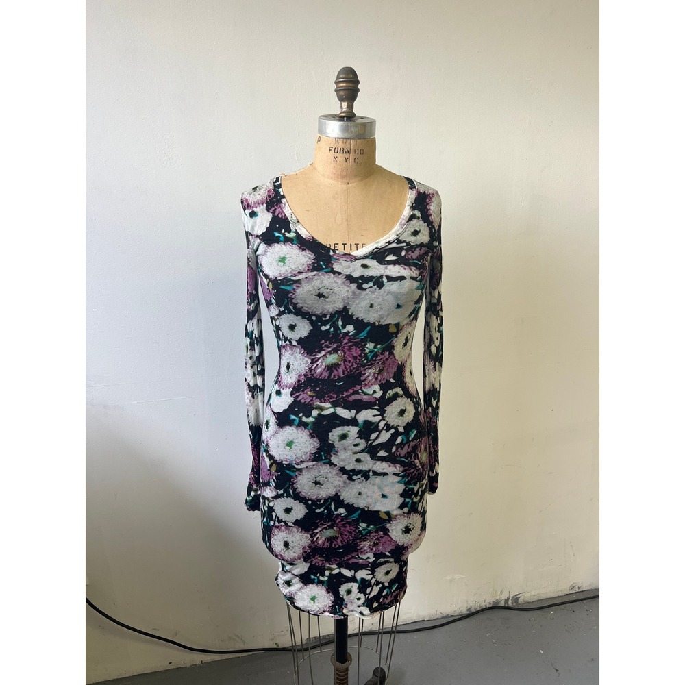 BCBGMaxazria Floral Long Sleeve Bodycon Mini Dress Purple Black Stretchy S-L